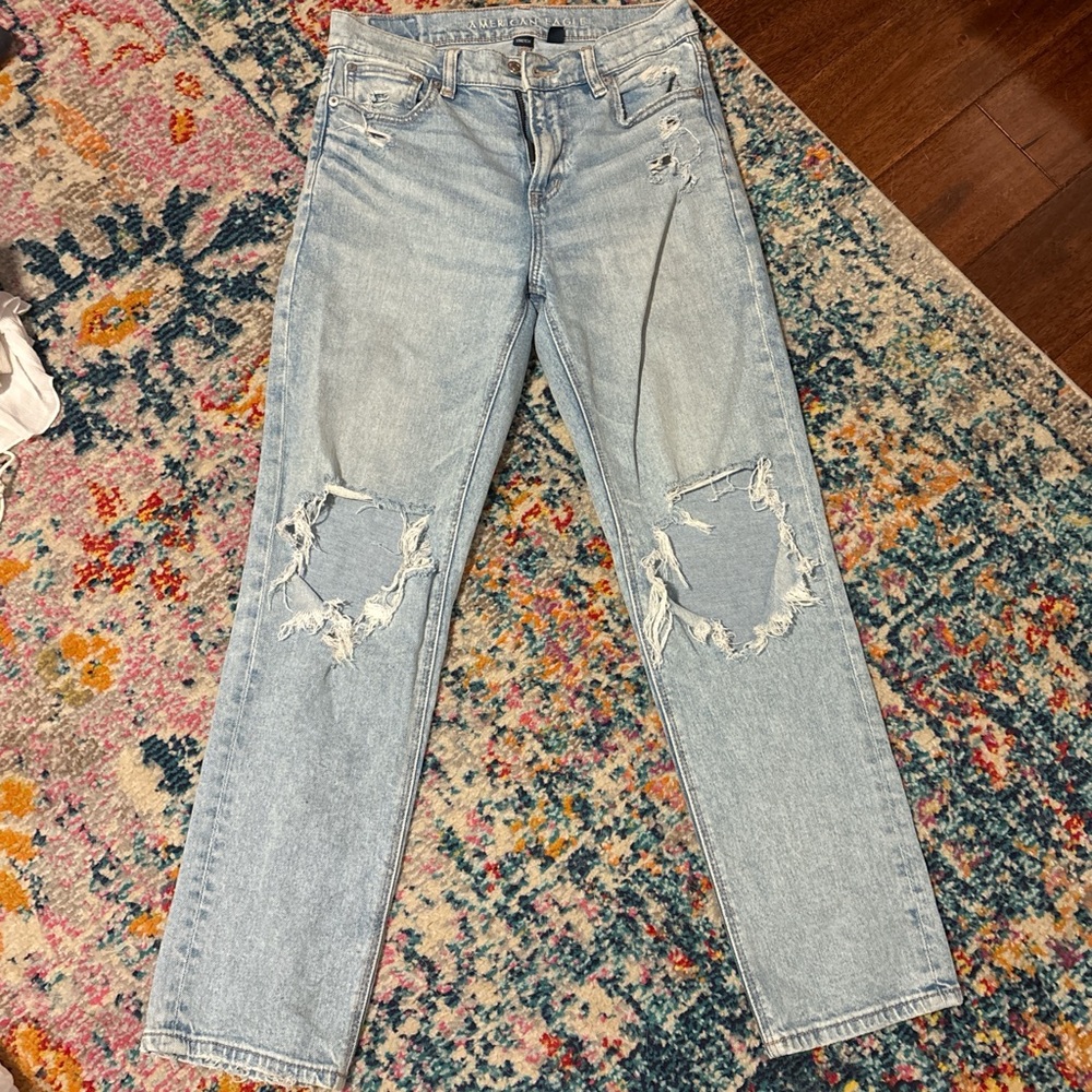 American Eagle Blue Straight Leg Jeans with Distressed Details